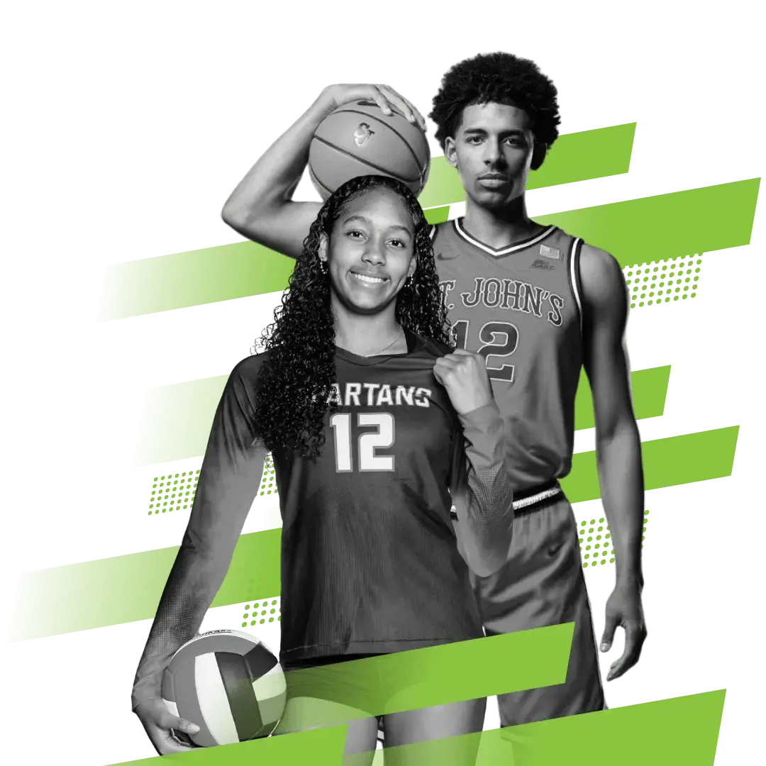 Rj Luis Jr holding a basketball on his shoulders, along with his sister Rachael Luis, who is holding a volleyball. These two athletes are Co-Founders and Ambassadors of Adels Rch.